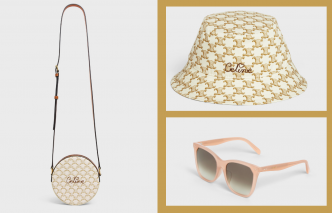 左/可调节皮革肩带的圆形手袋/$5,600；右上/饰以Celine心形手工刺绣图案渔夫帽/$3,650；右下/猫眼形桃色太阳眼镜/$2,800。