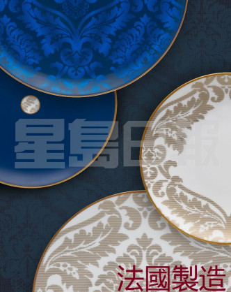 這款瓷碟則由法國製造，屬當地的瓷器品牌Haviland，碟子以典雅的線條點綴，並配合藍色、白色和啞面金等獨特用色，突顯奢華品味。(A)