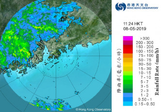 雷雨区中午影响珠江口 。天文台雷达图