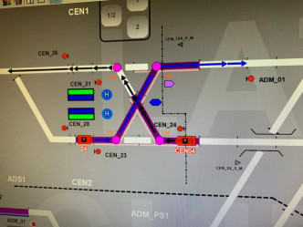 網傳訊號系統截圖，指事發時電腦安排兩列車軌跡重疊。西環飛躍動力召集人葉錦龍facebook