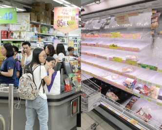超市货架被清空，尤其是蔬菜、冰鲜肉、杯面、面包及水。