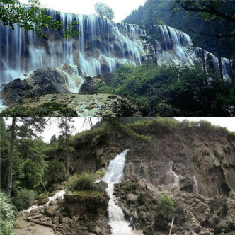 诺日朗瀑布地震后面目全非(下图)。