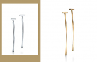 Tiffany T系列最新另备有18K白金棒杆款式（左）及18K金加长线棒耳环（右）。