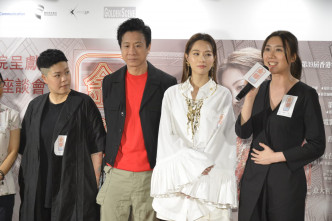 （左起）林二汶、朱柏康和鄧麗欣昨晚現身電影《金都》首映禮。