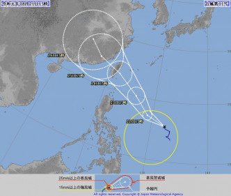 日本氣象廳預測風暴「白鹿」掠過台灣趨向福建。氣象廳