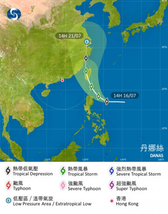 丹娜絲會移向呂宋海峽至台灣一帶。天文台預測路徑