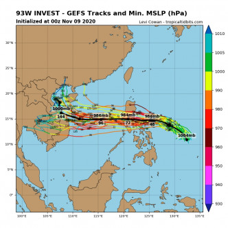 美國全球預報系統（GFS）集合預報，「環高」較大機會趨向越南。Tropical Tidbits圖片