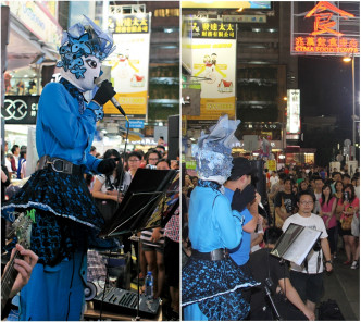 歌手龍小菌2012年以蒙面形象到旺角行人專用區街頭唱歌表演。資料圖片