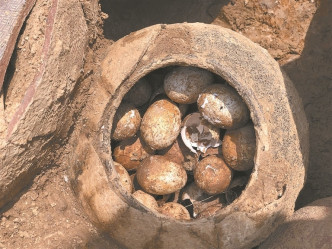 溧陽市上一個春秋時期的子午墩墓中，發現有一個裝滿雞蛋的陶罐。網圖