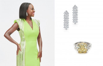 憑電影《藍調天后》獲封影后的Viola Davis,以一身鮮艷的青綠色禮裙,配襯一對總重32.78卡的Forevermark Black Label系列吊燈式美鑽耳環,加上總重7.24卡的Forevermark Exceptional系列黃色枕形美鑽戒指,份量十足。