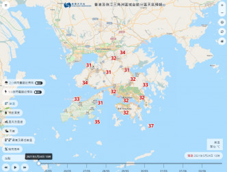 「香港及珠三角洲区域自动分区天气预报」，预测下午1时，横澜岛达37度。天文台截图