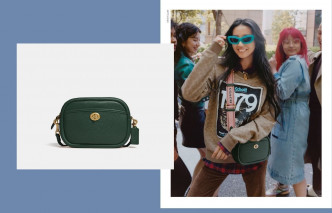 木村光希示範墨綠色復古Style Camera Bag/$2,800，配襯可替換肩帶。