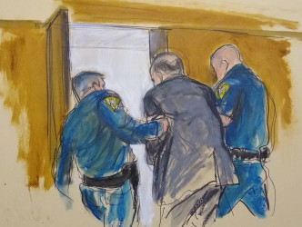 传媒在庭内速写Harvey Weinstein当日罪成被押离法庭一刻。