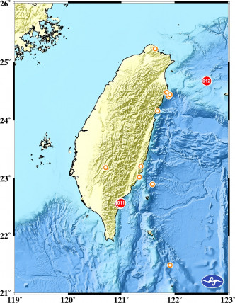 台湾东部海域凌晨发生6.1地震。图：台湾气象局