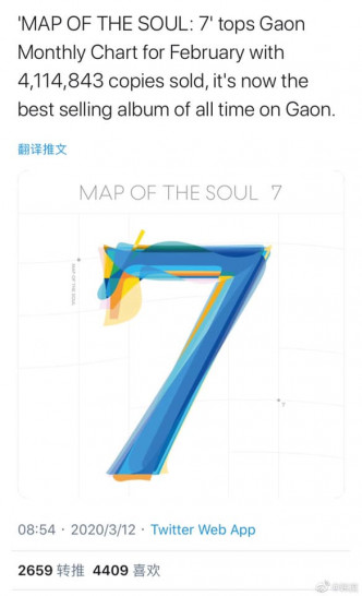 BTS第四张正规专辑《MAP OF THE SOUL : 7》只用了九日就售出411万4843张。
