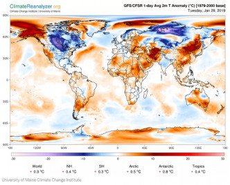 全球氣溫圖看見偏暖區域比偏冷區域範圍更大。網上圖片