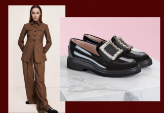 Lily Collins以Viv' Rangers钻扣乐福鞋/$13,500，配搭中性套装。