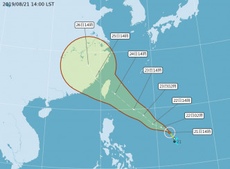 白鹿逼近台湾。台湾气象局预测路径