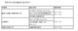 现时共有6款消毒产品正进行回收。政府新闻处网页截图