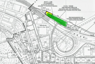 由赵家贤提供的鰂鱼涌分区规划大纲图。绿色地段是政府换地予发展商的地段；黄色地段，就是交还给政府、作为海滨长廊开放给公众的地段。