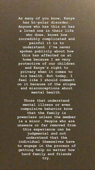 Kim在IG Story开腔承认Kanye患上躁郁症。