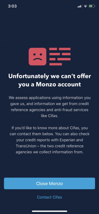 不少网民被Monzo拒绝开户。网图
