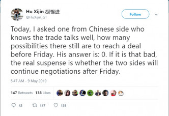 《环球时报》总编辑胡锡进在Twitter发文称，中美能在周五前达成协议的可能性是零。网上图片