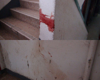 大厦梯间遗留血迹。