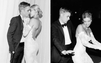 Justin夫妇各自贴上最爱的婚照庆祝。