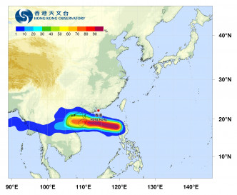 天文台预测香港风力加强。热带气旋路径概率预报