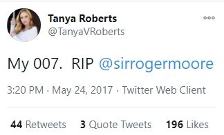 去年11月初代007辛康纳利逝世，Tanya亦有表示悼念。