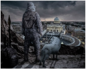 海报中戴头巾的男子与狼，站在山上遥望梵蒂冈圣伯多禄广场。网图