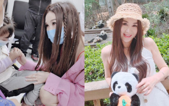 温碧霞到成都，除探访医院外，也顺道游熊猫基地。