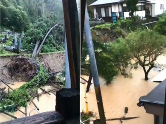 九州宮崎縣有大樹倒塌及洪水淹沒房屋。網上圖片
