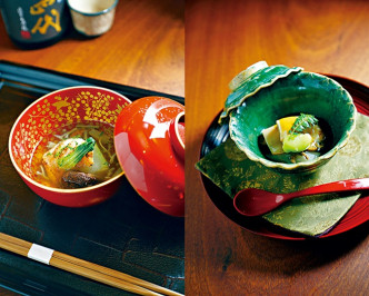 Kaiseki Den by Saotome，燒喜知次清湯，選用利尻昆布煮成清湯；鮑魚蓮藕餅，蓮藕餅夾有蓮藕碎。