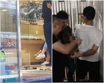 图右，深圳警方在内地共拘捕疑犯。图左，案发后部分货物散落店铺地上。