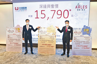 中洲置業陳志興（左）表示，火炭星凱．堤岸首批268伙，折實平均呎價18888元。旁為楊聰永。