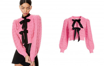 alice+olivia粉红色针织外套拼黑色蝴蝶结。