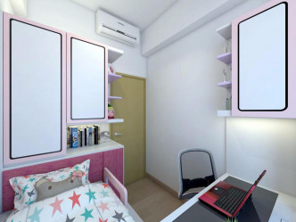 粉色為主調的細房，善用房內每寸空間。