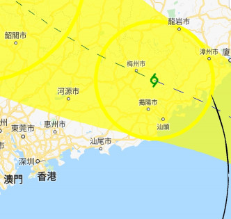 根据路径图，「白鹿」预料明日清晨登陆广东潮州至福建漳州市之间登陆。天文台截图