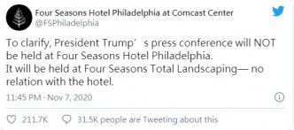 費城四季酒店發文澄清。Twitter截圖