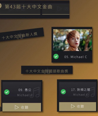 Michael C今年入圍《第四十三屆十大中文金曲》的「國語歌曲獎」及「新人獎」。