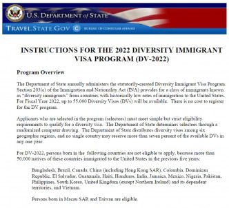 美国公布新一年度抽签移民签证计划，港人不再获抽签资格。 网图