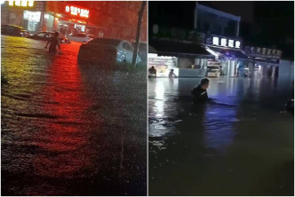 勉县县城日前水浸，民众涉水而行。互联网图片