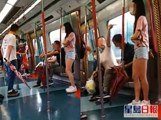 男子持傘上前（左），大媽拉下口罩（右）。香港突發事故報料區FB影片截圖