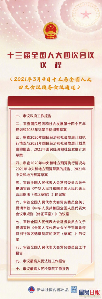 会议的第七项议程将审议《人大关于完善香港特区选举制度决定》草案。