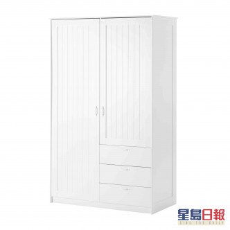 MUSKEN白色雙門衣櫃組合，配備活動層板，可按需要調整貯物空間。