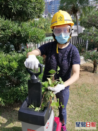 羅敏儀指THEi為屋苑提供碎枝機,方便屋苑人員將回收得來的樹枝、較大塊的樹葉切碎,有助加速物料分解。THEi提供圖片