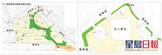 觀塘市中心項目設有蓋行人走廊連接港鐵站（左圖），地面建築物亦會從周邊的道路向後移，騰出空間作較寬闊的行人道（右圖、綠色範圍）。韋志誠網誌