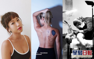 鄧穎芝今日於社交網晒半裸圖，公開背脊的新紋身。